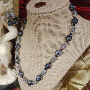 Handmade Mediterranean necklace/earring set with black/gray beads & silver caps